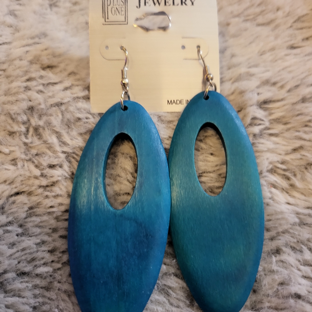 Blue Wooden Earrings Oval Shape Nwt
